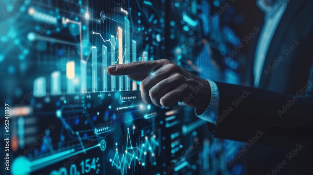 Poster A man is pointing at a graph on a computer screen