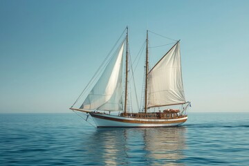 Wooden Sailboat with White Sails on a Calm Sea