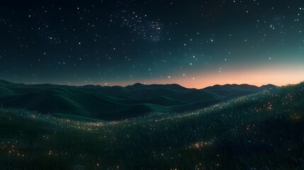 Naklejka premium Serene Summer Night Landscape with Starry Sky and Distant Hills