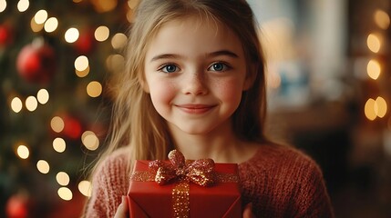 Amazed teenager Portrait of teenager child girl 12 13 14 years old holding Christmas gift box Teen giving birthday gift Excited teen girl : Generative AI