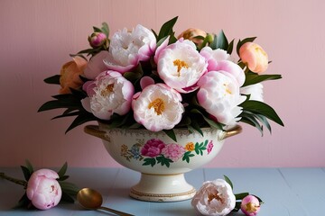 Peonies with Pastel Floral Arrangement in Vintage Ceramic Bowl