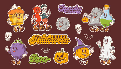 Obraz premium Groovy Halloween Pumpkin Retro Stickers Set. Cartoon Tombstone, Ghost, Cupcake, Cauldron Vector Autumn Holiday Mascot Sticker Templates Collection Happy Vintage Cool Personage Illustrations Isolated