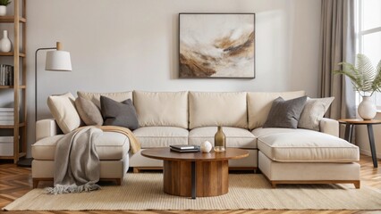 A cozy, modern living room with a minimalist design features a plush, white sectional sofa adorned with neutral-colored pillows and a soft brown blanket draped over one side.