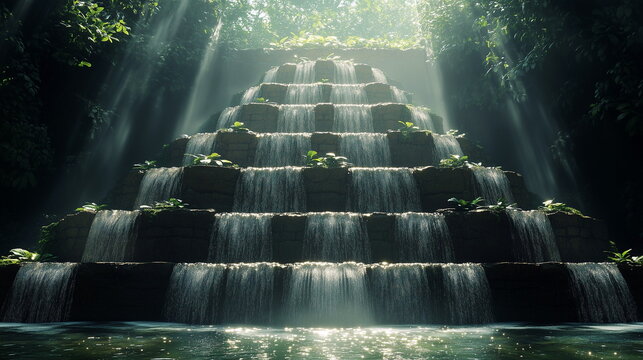 Water flowing over a stepped pyramid structure, each level creating a mini-waterfall