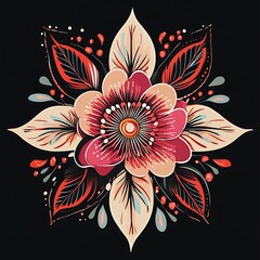 Stylized Red and White Flower with Detailed Petals and Leaves