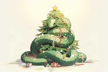 Illustration with a green snake formed into a Christmas tree.