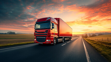 Red semi truck on a highway at sunset