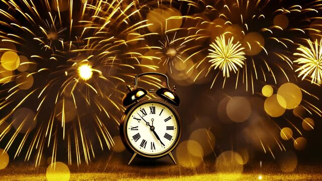 Festive fireworks with clock for counting down New Year. 2025 with Elegant animated clock counting down for Happy New Year Celebration