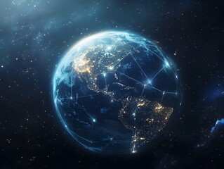 Obraz premium Glowing Digital Planet Showcasing Global Connectivity and Technological Advancements