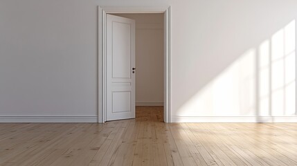 Fototapeta premium an empty room with white walls and wood flooring the door is open on the right side to the left : Generative AI