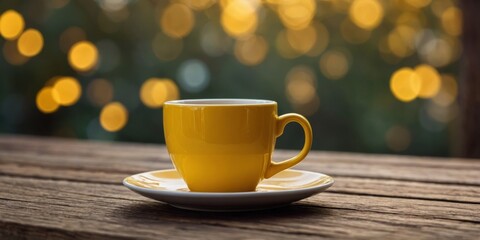 Obraz premium Yellow coffee cup on rustic wooden table.