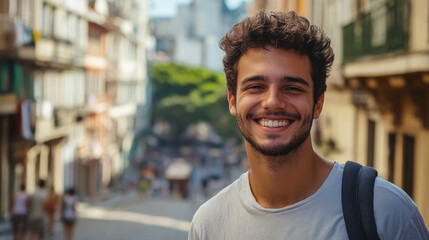 Fototapeta premium Young smiling Brazilian man in casual clothes on the street in Rio de Janeiro, boy, guy, male portrait, Portuguese, nationality, South America, Brazil, local, indigenous, portrait, teen, student