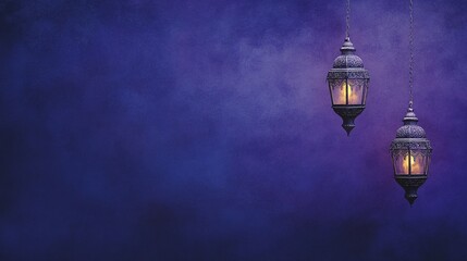 Obraz premium Two ornate lanterns with warm light hanging against a rich purple background.