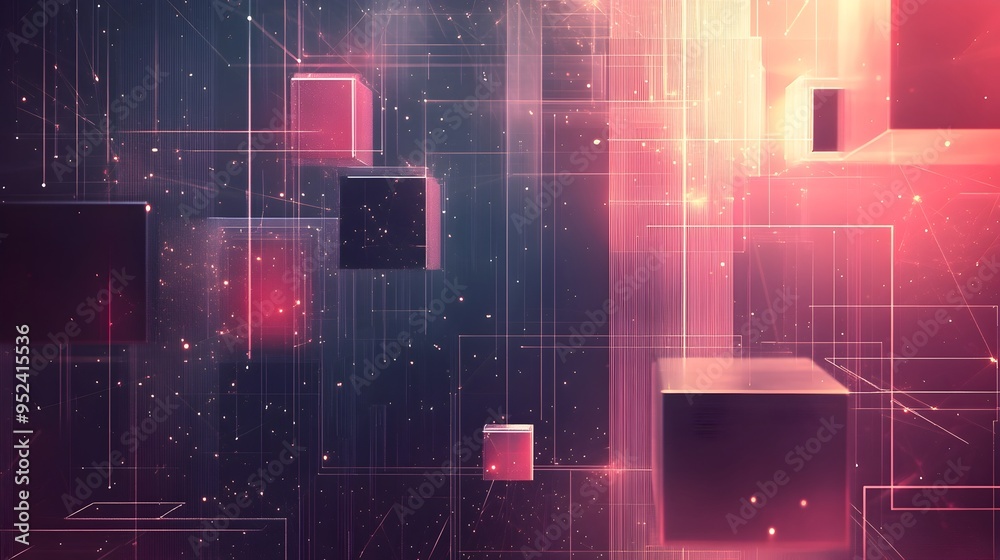 Poster interconnected blockchain composition featuring geometric shapes and cryptographic elements