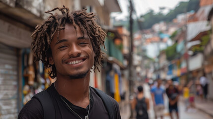 Fototapeta premium Young smiling Brazilian man in casual clothes on the street in Rio de Janeiro, boy, guy, male portrait, Portuguese, nationality, South America, Brazil, local, indigenous, portrait, teen, student