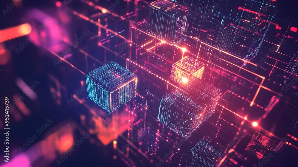 Poster interconnected blockchain visualization abstract geometric composition with glowing cryptographic el