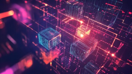 Interconnected Blockchain Visualization Abstract Geometric Composition with Glowing Cryptographic Elements