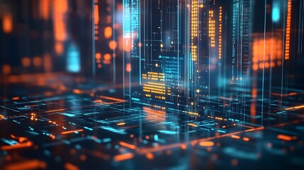 Futuristic Digital Finance Hub with Transparent Blockchain Nodes and Sleek Holographic Interfaces