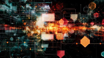 Interconnected Blockchain Technology Abstract Composition with Geometric Shapes and Cryptographic Elements