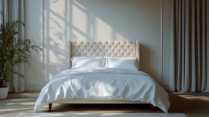A modern bedroom bathed in window light features an upholstered bed and a minimalist design.