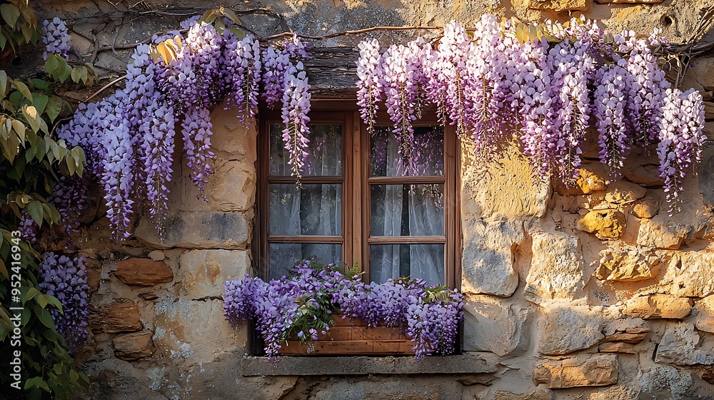 Wall mural purple wisteria blooms flourish over a stone wall, beautifully framing a charming window.