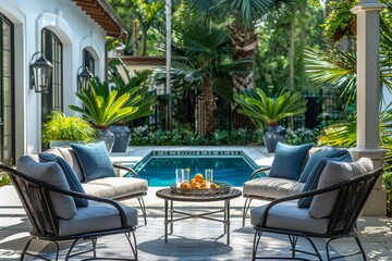 Fototapeta premium High-Quality Outdoor Furniture Set with Grey Sofas, Blue Cushions, and Poolside Terrace Surrounded by Greenery