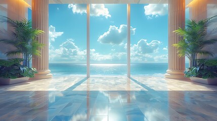 Fototapeta premium A spacious, luxurious interior with large windows overlooking a stunning ocean view.