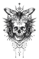 Skull and Moth very simple traditional tattoo flash styles illustration