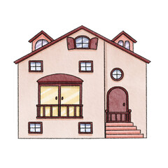 Big set of watercolor scandinavian trees and houses. Cute childish buildings isolated. Trendy scandi background