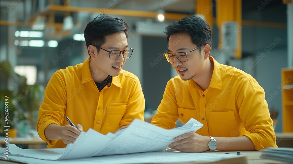 Aufkleber two asian professional engineers are discussing construction blueprints wearing yellow shirts doing 
