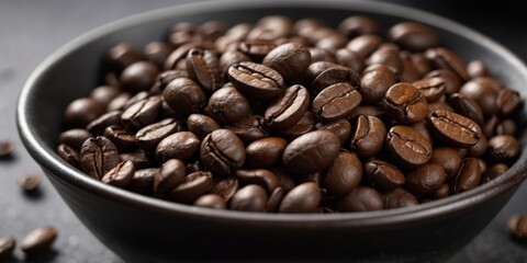 Fototapeta premium Close-up of roasted coffee beans in a dark bowl.
