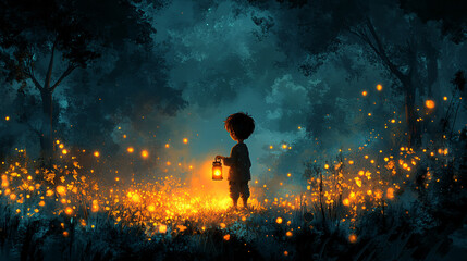 A boy in pajamas holding a lantern is alone in a mysterious forest, the dream of a child trapped in a dark and terrifying forest. Digital art style, illustration painting.