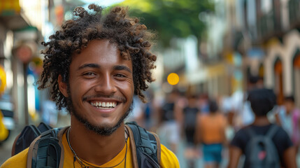 Fototapeta premium Young smiling Brazilian man in casual clothes on the street in Rio de Janeiro, boy, guy, male portrait, Portuguese, nationality, South America, Brazil, local, indigenous, portrait, teen, student