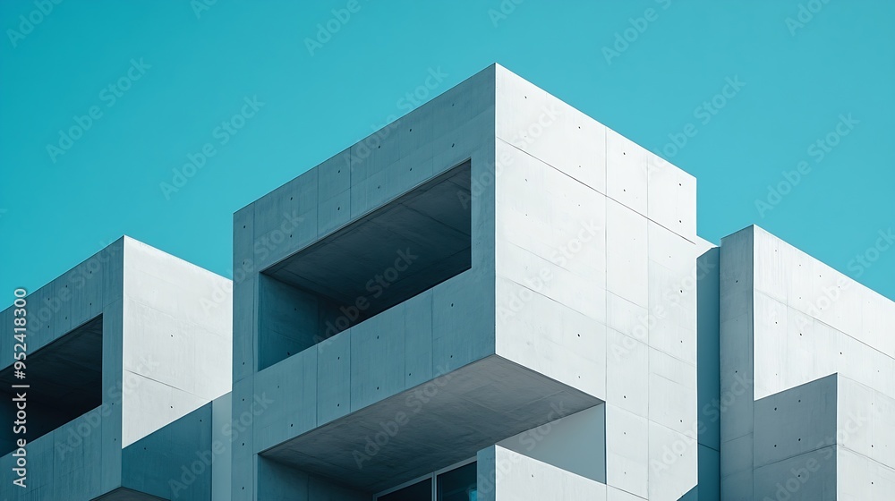 Aufkleber High section of gray and white buildings group in geometric shape with sunlight and shadow on surface against blue clear sky background Exterior architecture in minimal style : Generative AI