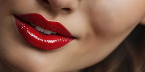Obraz premium Close-Up of Glossy Red Lips and White Teeth.