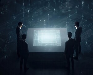 A team collaborating on a complex project in a futuristic office, with holographic blueprints and data projections, in a bright, sci-fi style