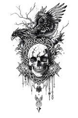 Obraz premium Skull and Phoenix very simple traditional tattoo flash styles illustration