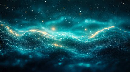 Fototapeta premium Glowing Gradient Noise Texture with Dark Green Blue Background, Sparkling Starry Effect, Abstract Wave Pattern, Ideal for Webpage Headers and Banners, Futuristic Celestial Theme, Nighttime Vibes