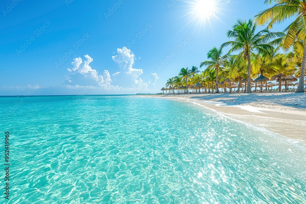 Wall mural tropical beach scene with palm trees and clear water