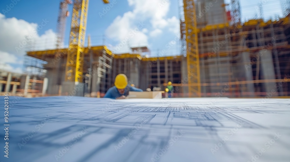 Fototapete construction team blueprint and site building job for architect builder and engineer sketching a con