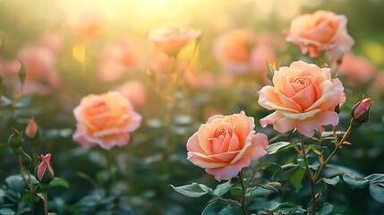 Peach rose blossoms glow softly in a garden bathed in the light of a setting sun.