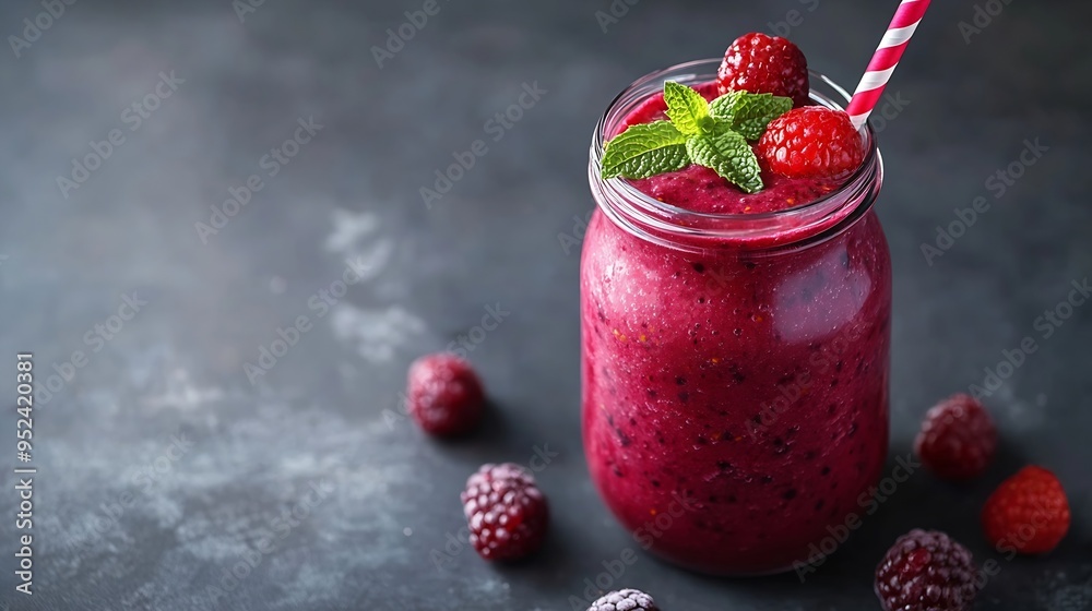 Poster healthy red berry smoothie in a glass jar on a grey background : generative ai