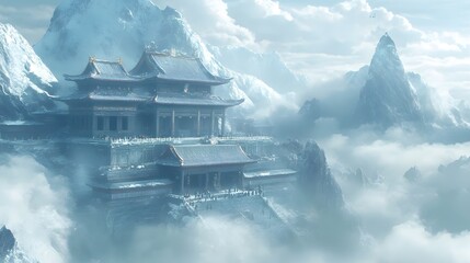 Mystical mountain temple surrounded by clouds with monks practicing martial arts Ancient weathered textures mystical foggy ambiance 3D-rendered architecture