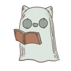 Cute Halloween ghost, pumpkin, mummy, black cat, eyeball, cut finger, spider.  Spooky.  Boo.  Outline pencil hand drawn