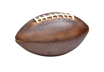 A classic, weathered brown rugby ball with white laces, perfect for sports photography and athletic-themed projects.