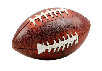 A close-up view of a classic brown football with white laces, perfect for sports and athletic themes.