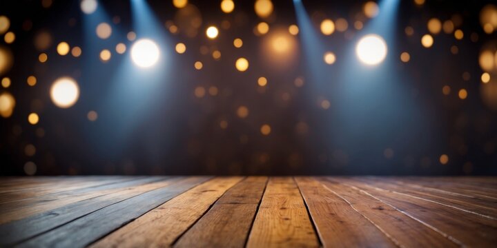 Empty Stage with Spotlights and Wooden Floor.