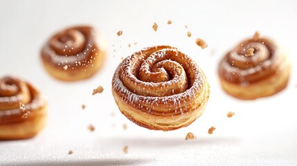 Fresh baked cinnamon buns flying falling isolated on white background Traditional swedish sweet pastry kanelbulle : Generative AI