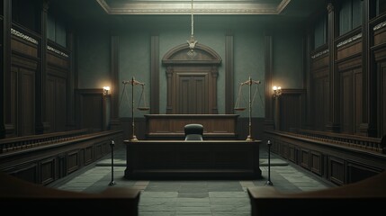 The floating golden scales of justice on the judge's table, courtroom background, law and justice concept, close-up view. 