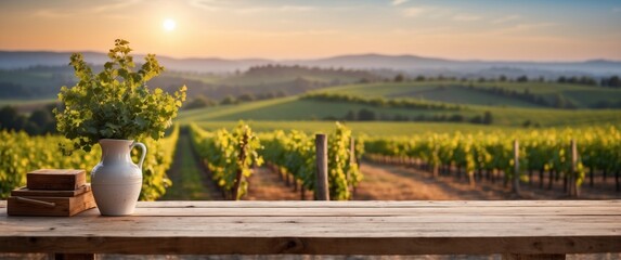 Fototapeta premium Empty wooden table on the background of blurred vineyard.